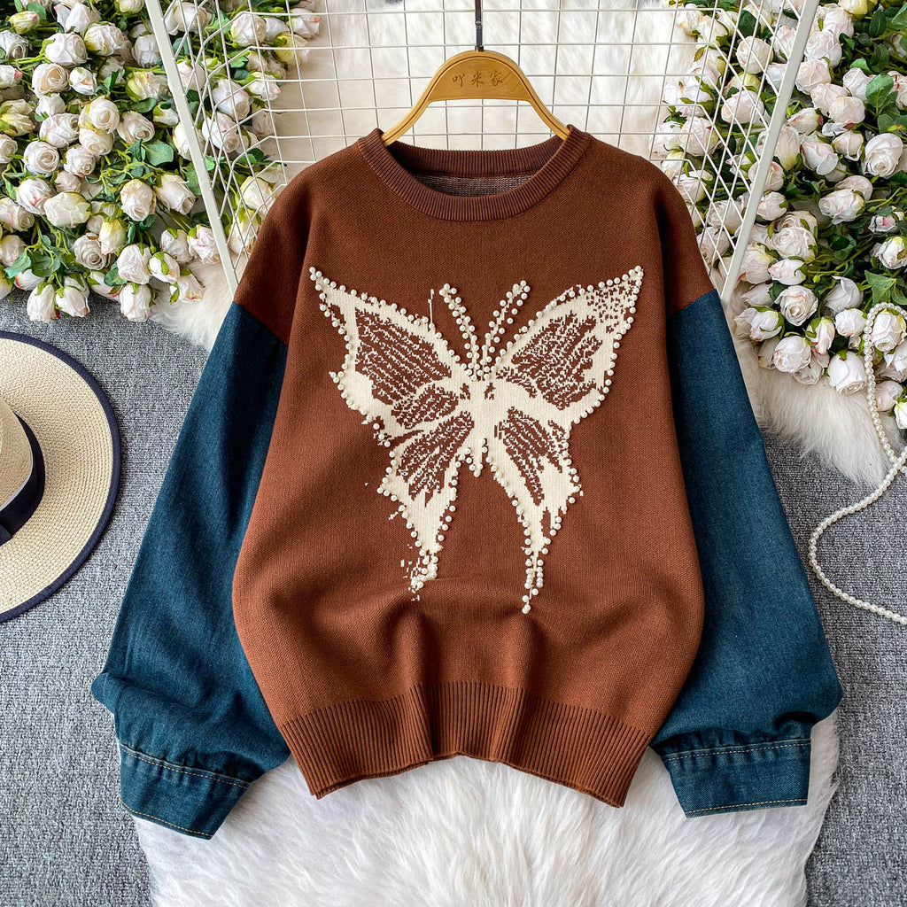Nail bead butterfly contrasting sweater for women