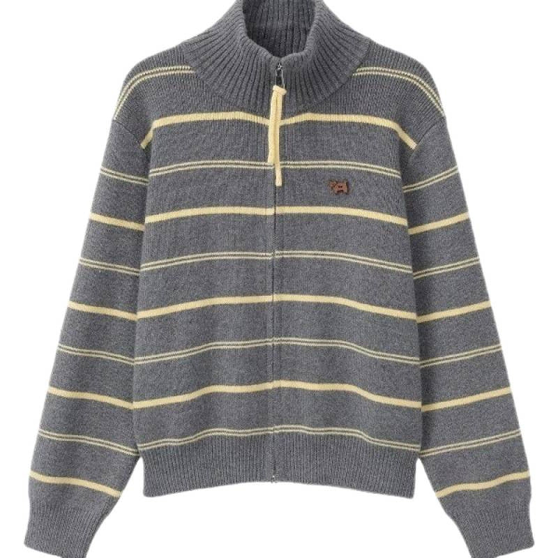 High Neck Striped Knit Cardigan Coat for Women, Loose Casual Long Sleeve Sweater Top