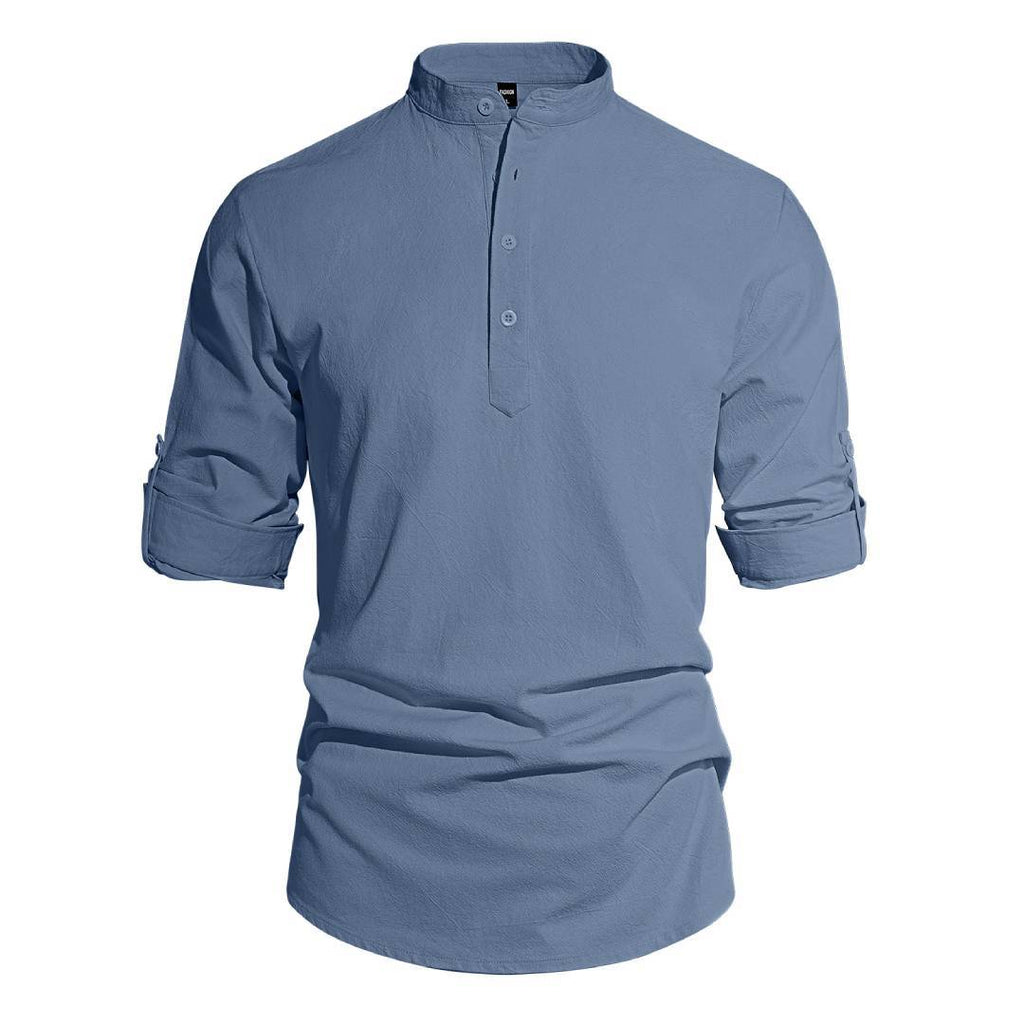 Men's Cotton Linen Henley Collar Solid Color Lightweight Long Sleeve Button-Down Shirt
