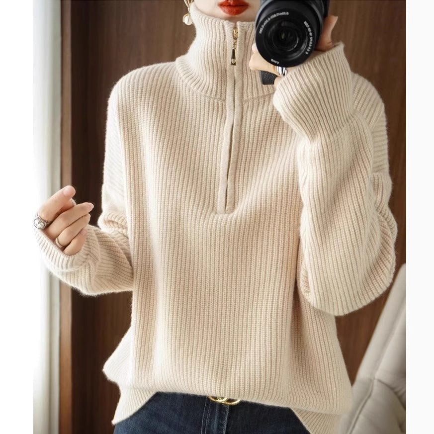 Half zip high collar sweater for women
