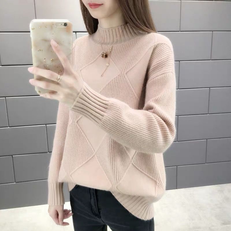 Half high neck loose and versatile knitted sweater for women