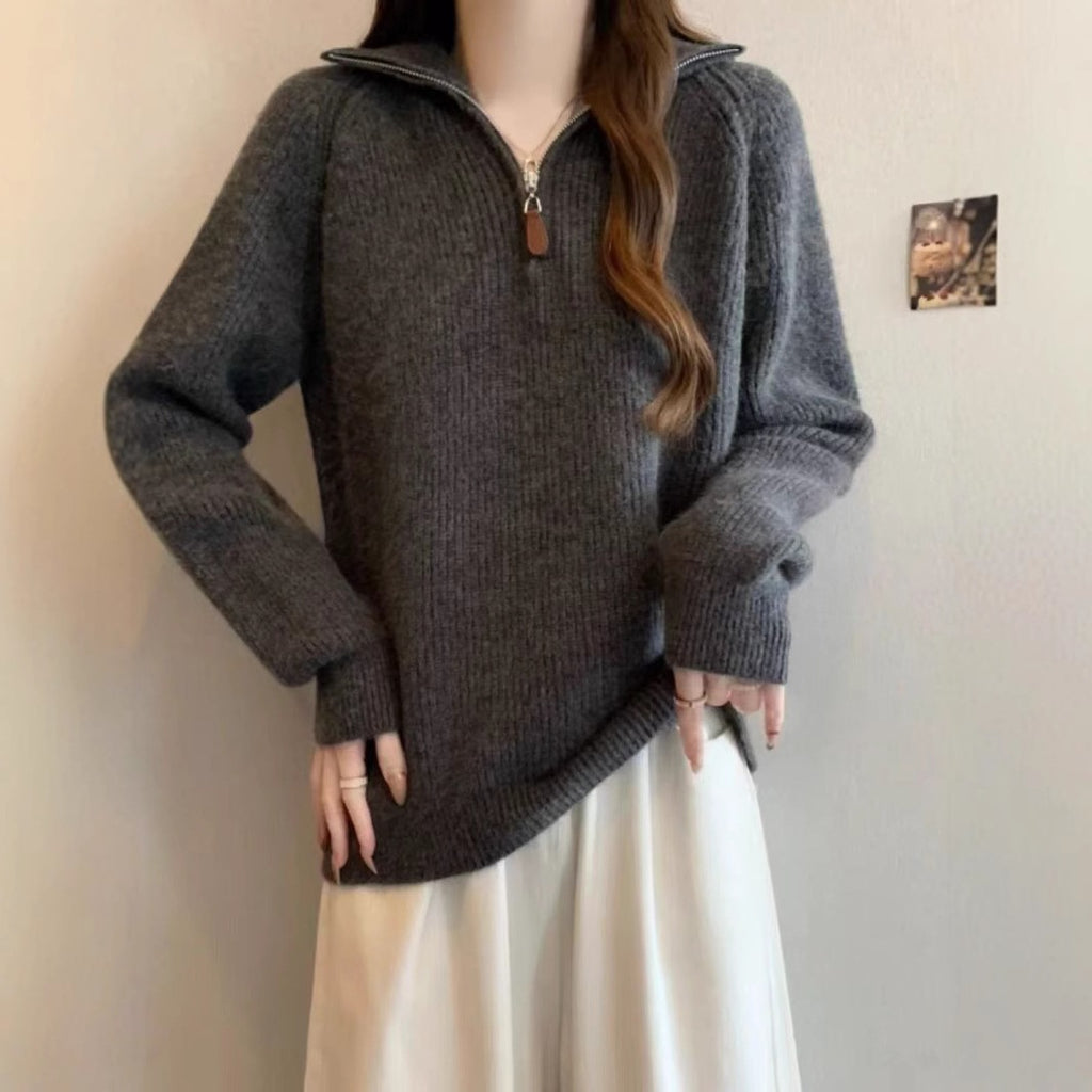 Half zip lapel sweater for women in autumn and winter