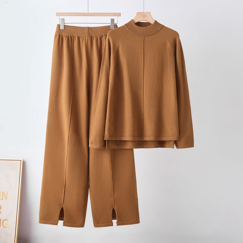 Round neck sweater loose wide leg pants set