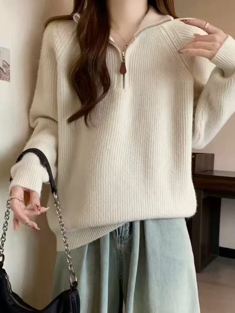 Half zip lapel sweater for women in autumn and winter