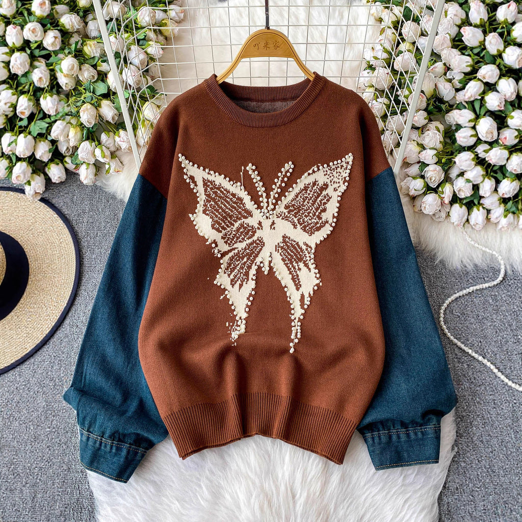 Nail bead butterfly contrasting sweater for women