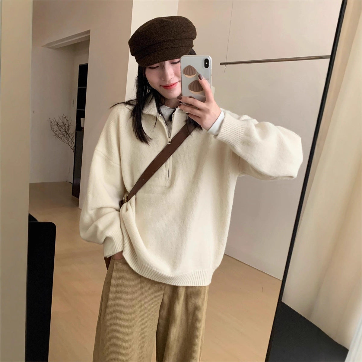 Retro polo collar half zip sweater for women
