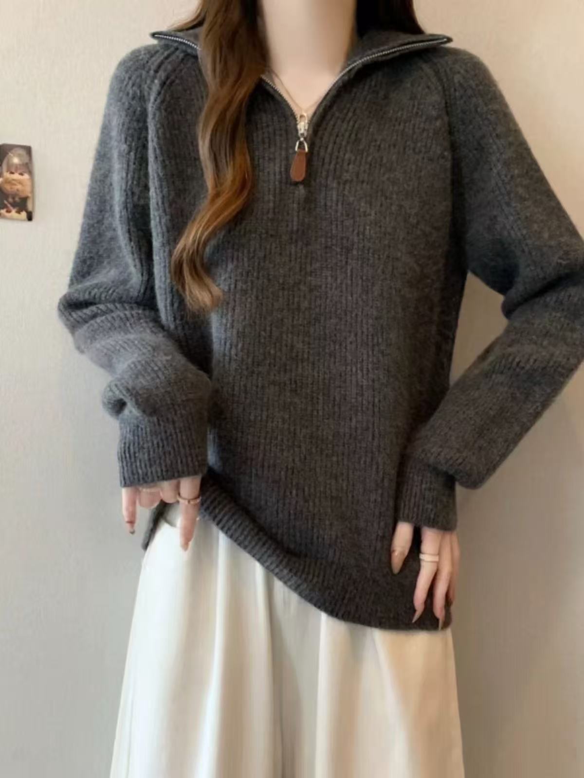 Half zip lapel sweater for women in autumn and winter