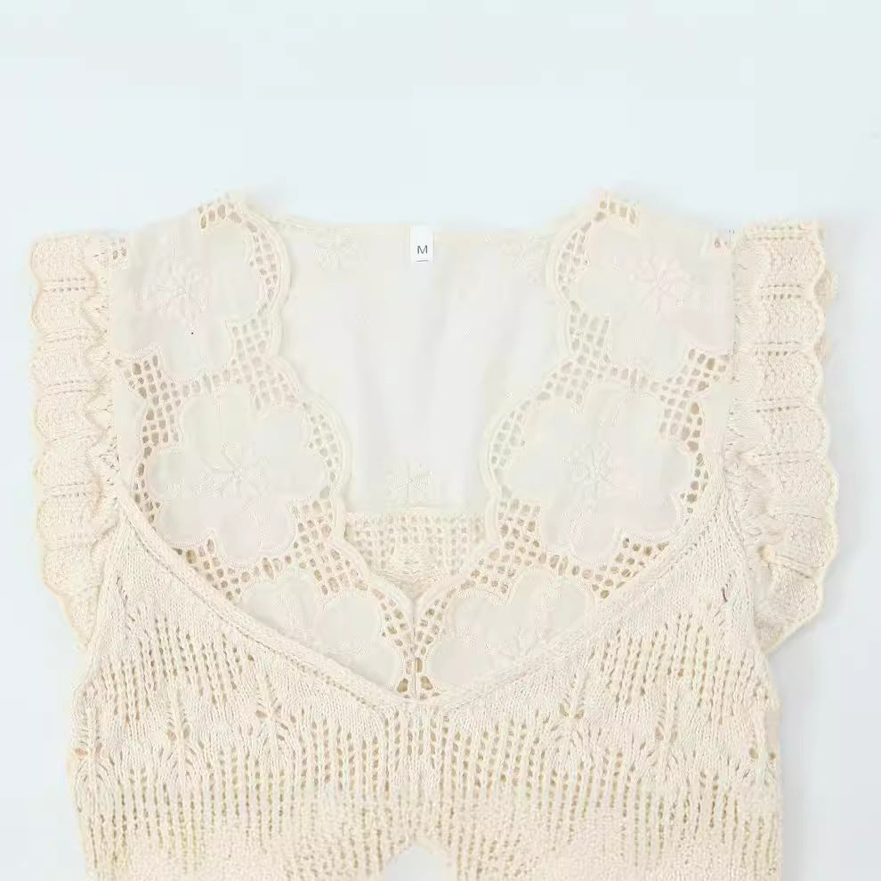 Temperament V-neck Flying Sleeves White Stacked Decorative Knitted Shirt for Women