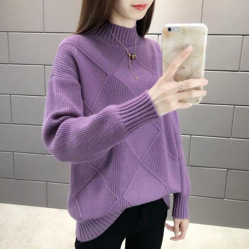 Half high neck loose and versatile knitted sweater for women