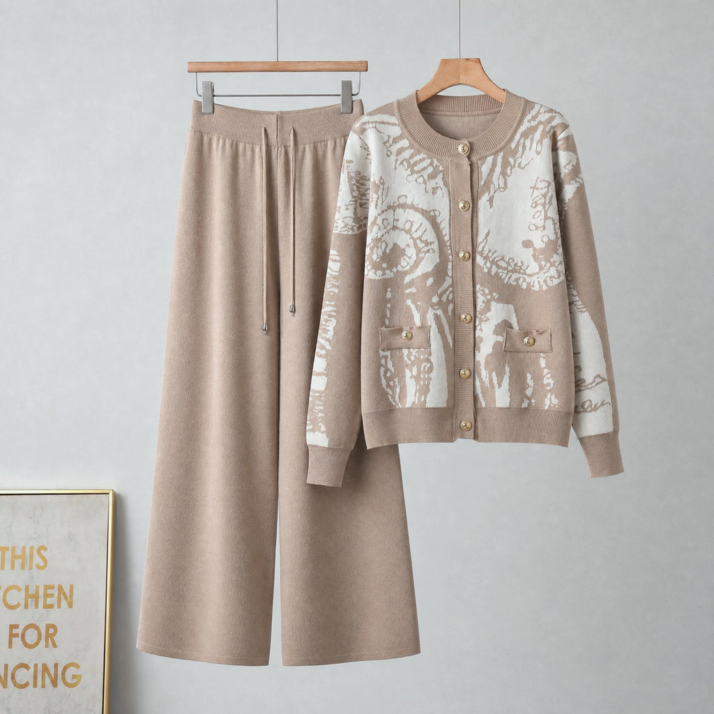 Cardigan single breasted sweater wide leg pants two-piece set