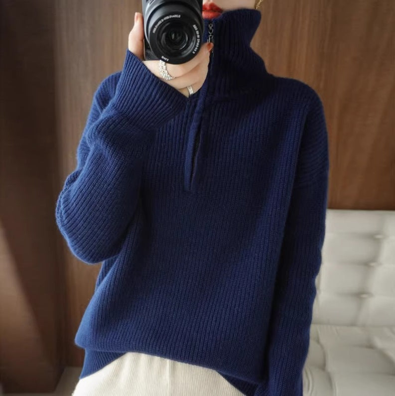 Half zip high collar sweater for women