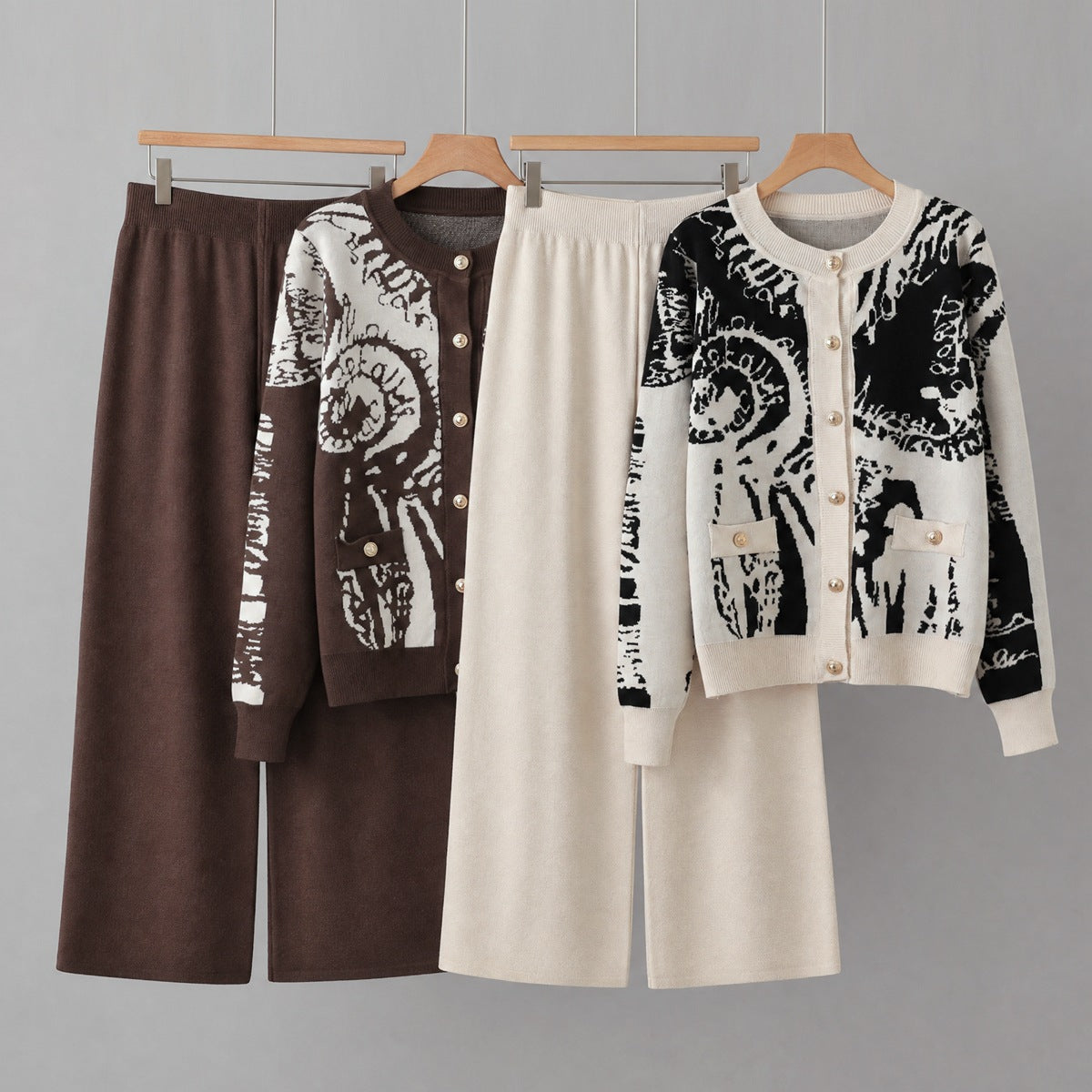 Cardigan single breasted sweater wide leg pants two-piece set