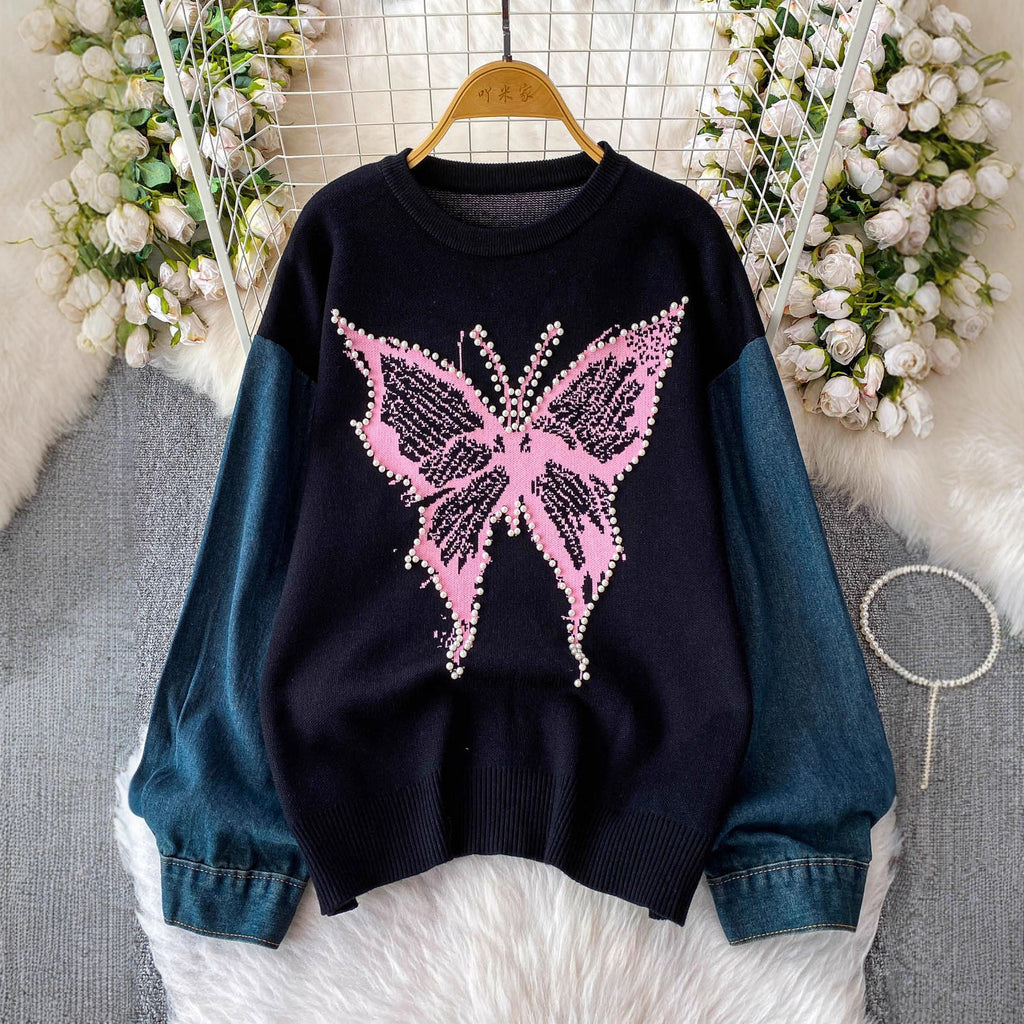 Nail bead butterfly contrasting sweater for women
