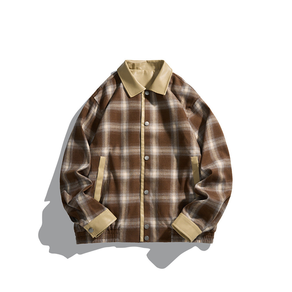 Patchwork Leather Collar Design Loose Plaid Jacket Coat