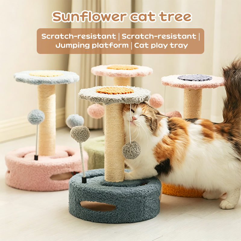 Sunflower Cat Tree – Small Cat Climbing Tower with Scratch Posts & Ball Toy