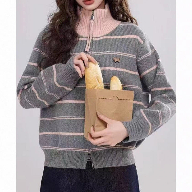 High Neck Striped Knit Cardigan Coat for Women, Loose Casual Long Sleeve Sweater Top