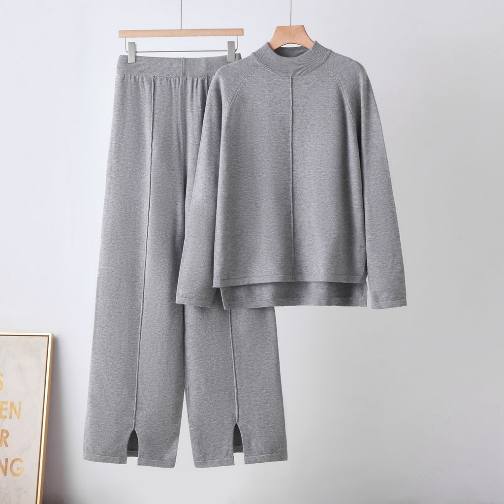 Round neck sweater loose wide leg pants set