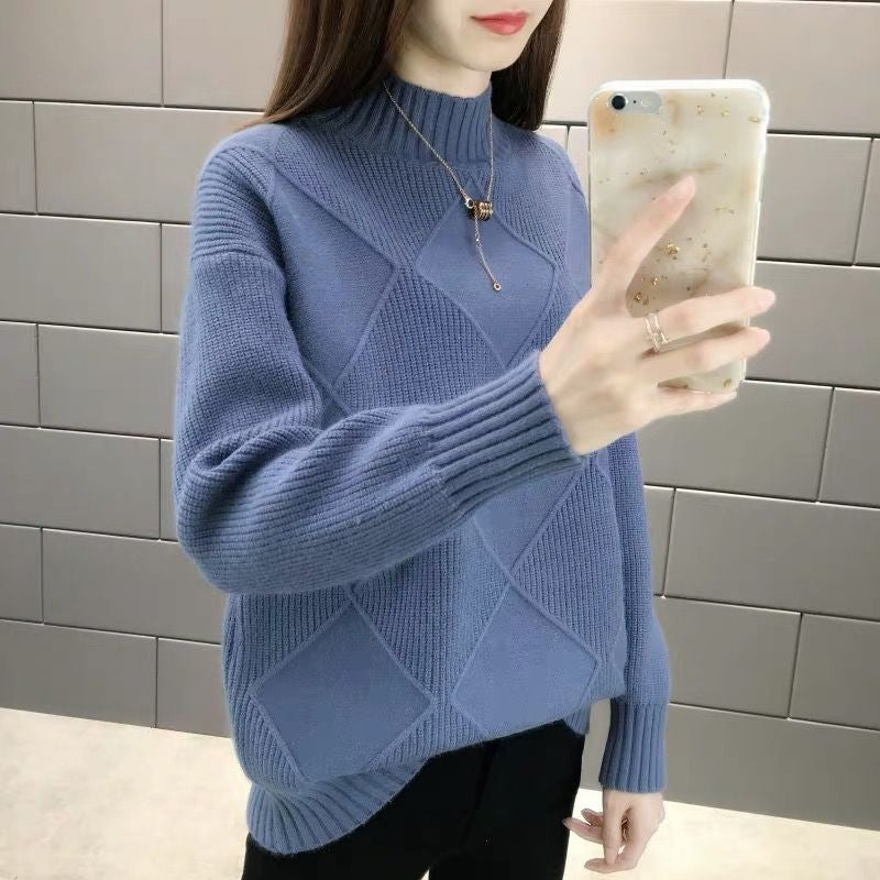 Half high neck loose and versatile knitted sweater for women