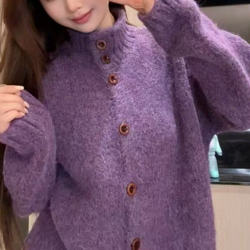 Lazy Elegant Knit Cardigan for Women, Loose Thick Single-Button High Neck Soft Knit Sweater