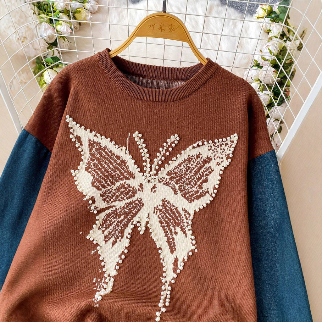 Nail bead butterfly contrasting sweater for women