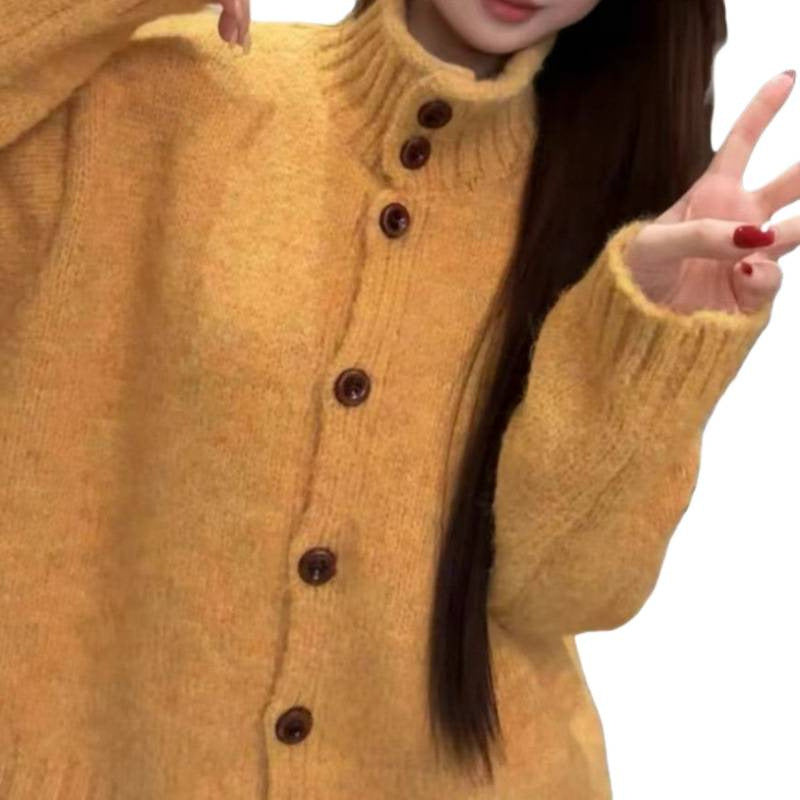 Lazy Elegant Knit Cardigan for Women, Loose Thick Single-Button High Neck Soft Knit Sweater