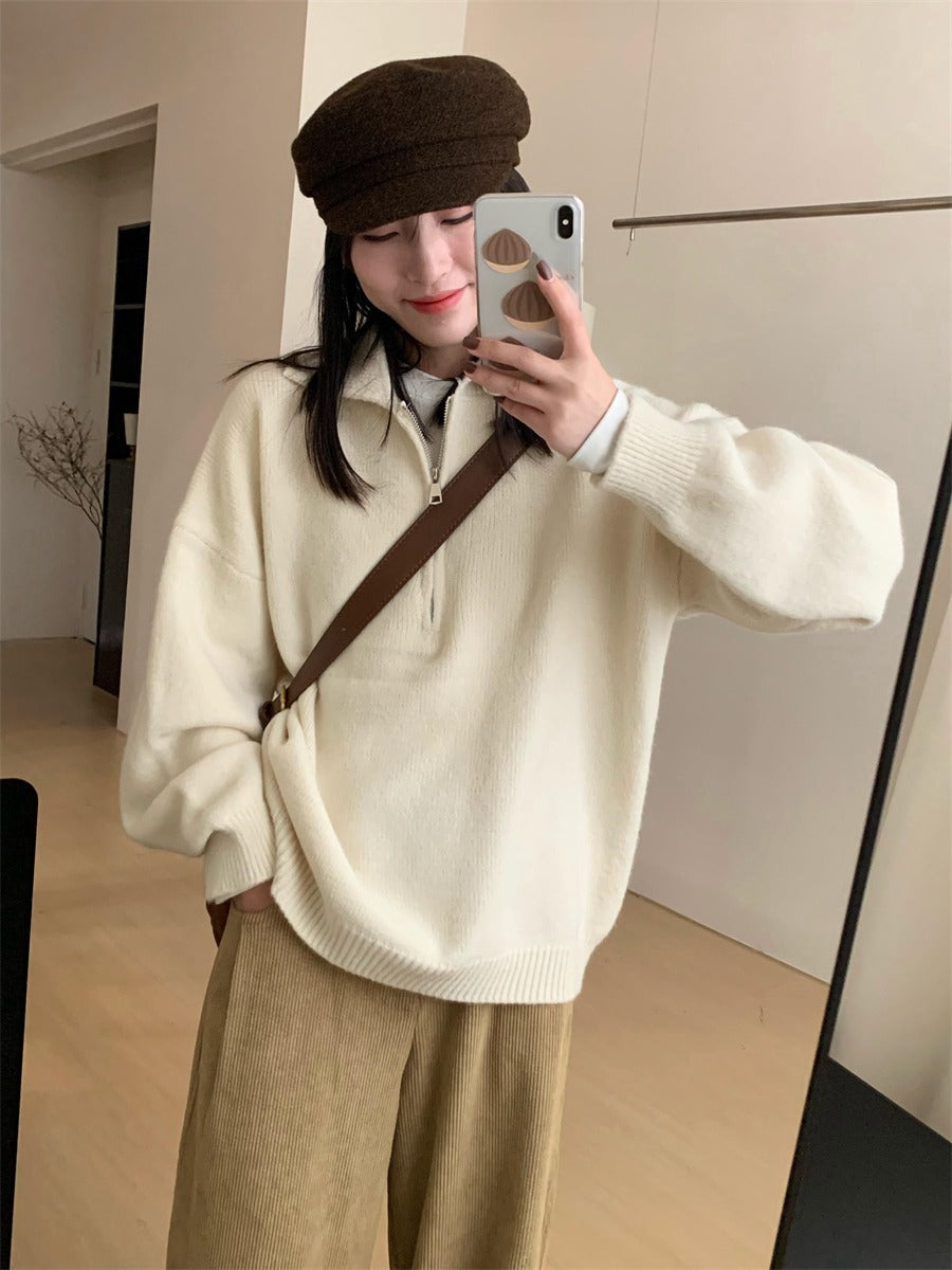 Retro polo collar half zip sweater for women