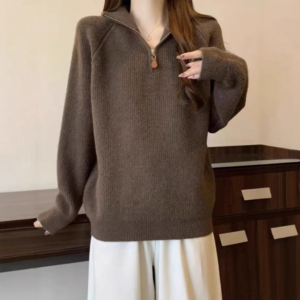 Half zip lapel sweater for women in autumn and winter