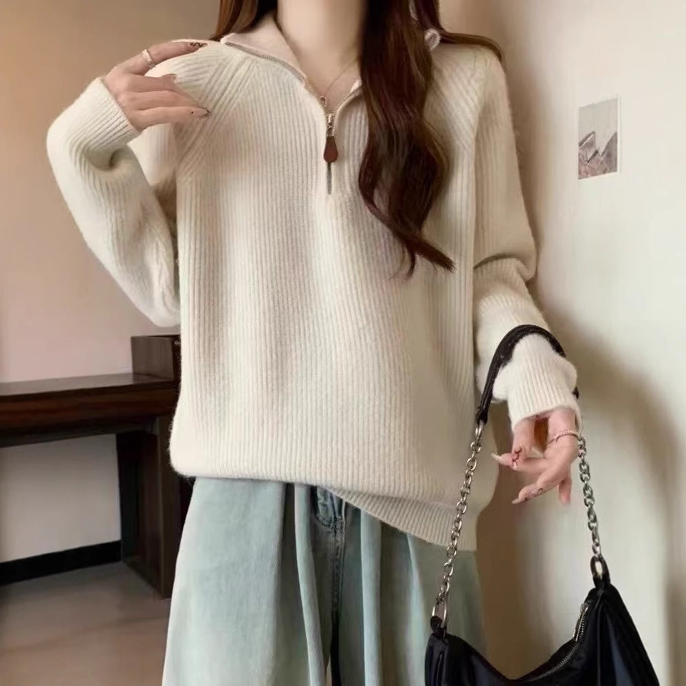 Half zip lapel sweater for women in autumn and winter