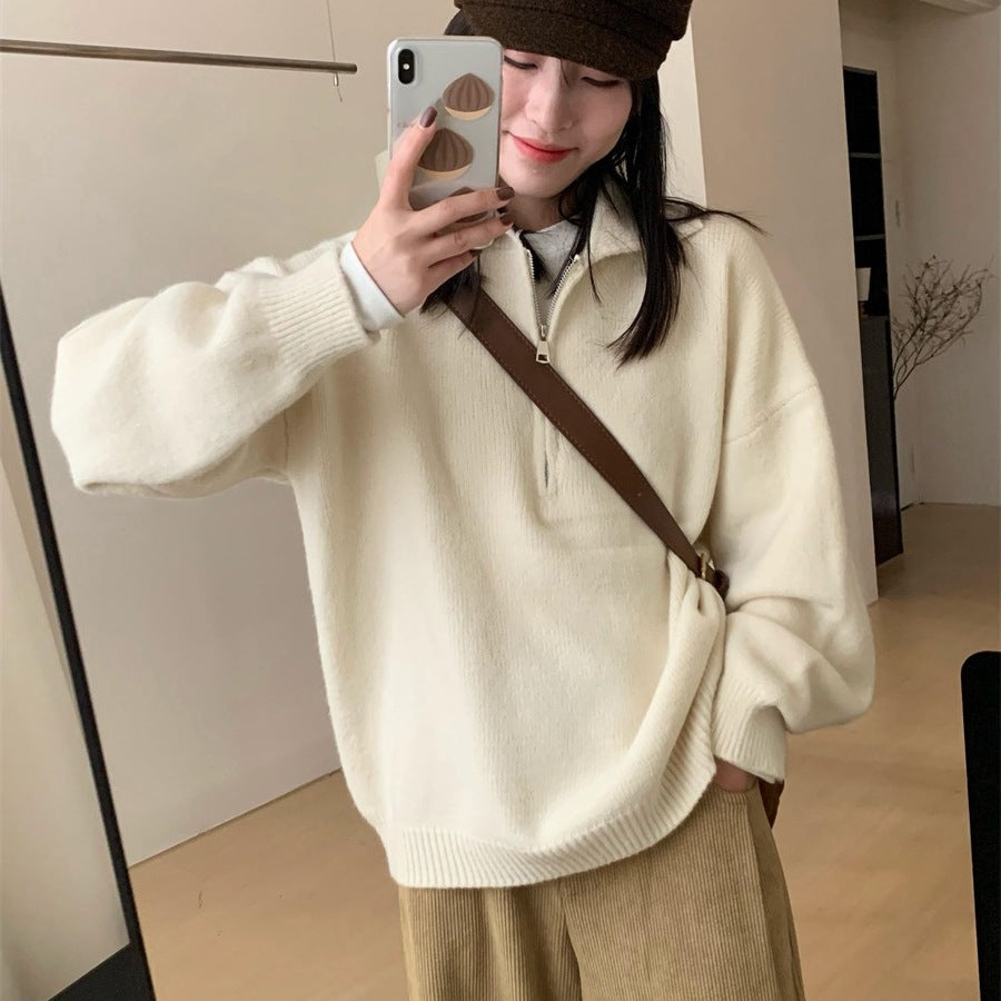 Retro polo collar half zip sweater for women