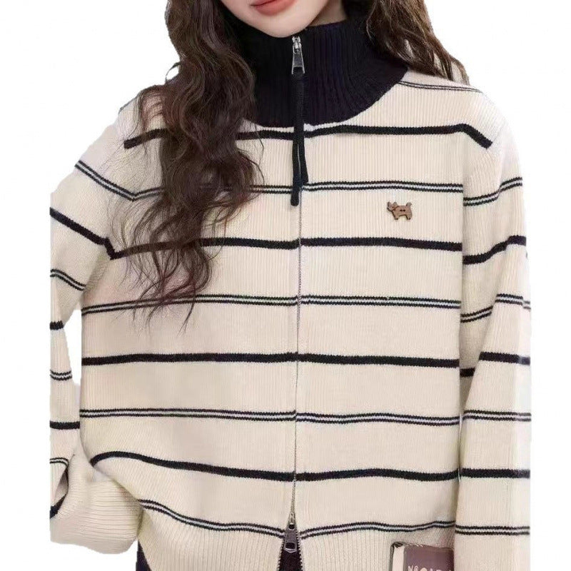 High Neck Striped Knit Cardigan Coat for Women, Loose Casual Long Sleeve Sweater Top