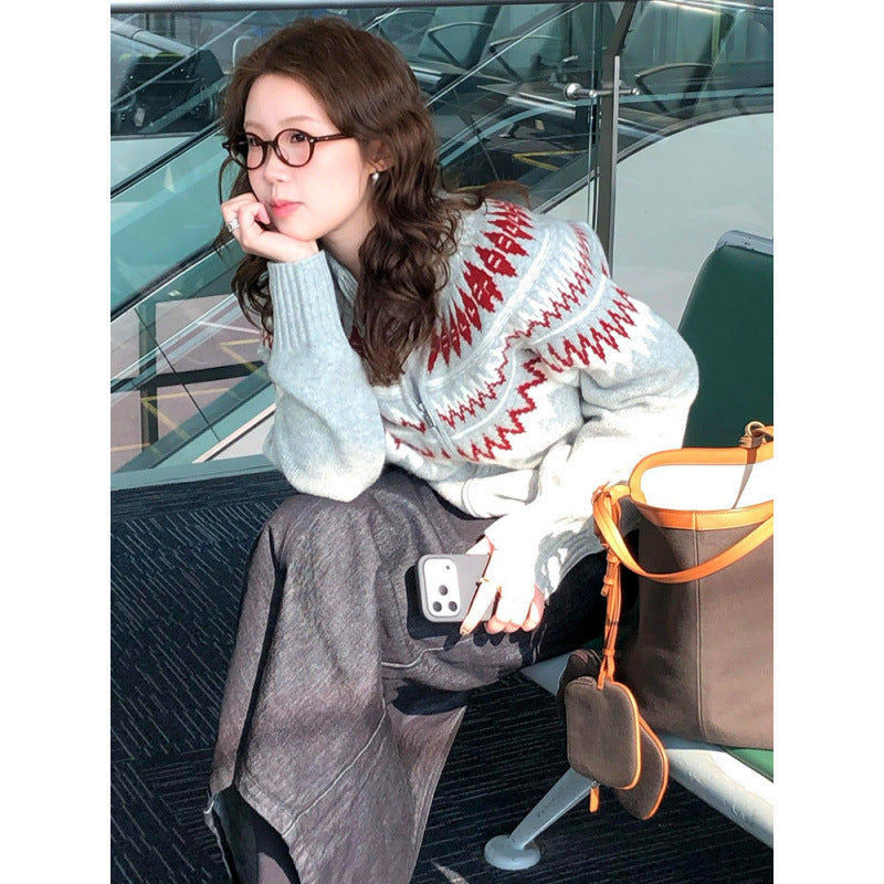 Pattern Knit Cardigan for Women, Thick Loose Casual  Double Zipper Sweater Top