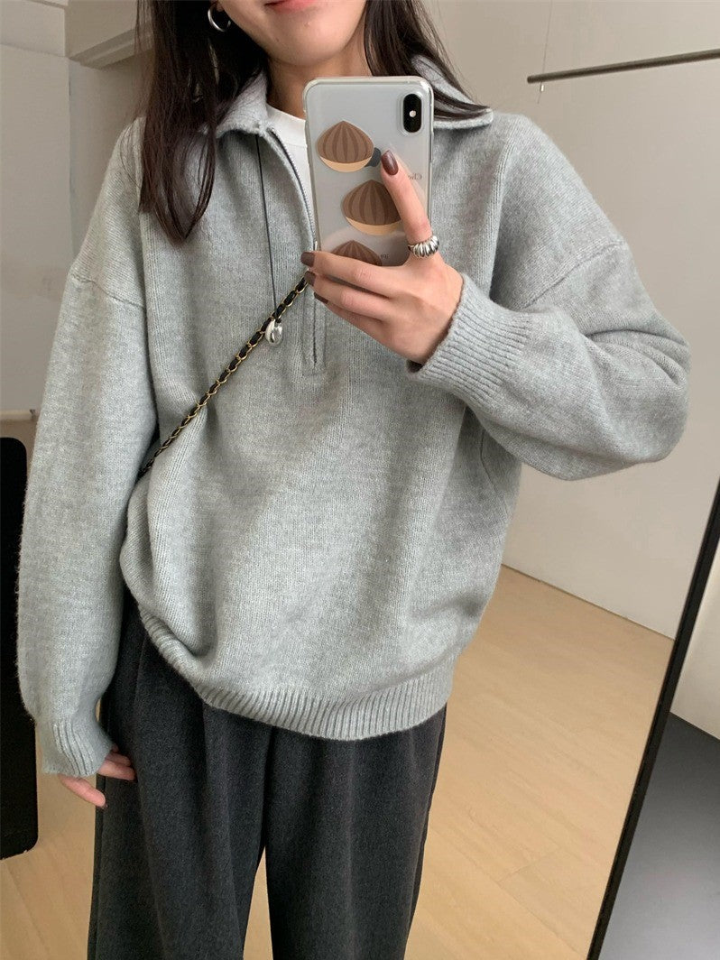 Retro polo collar half zip sweater for women