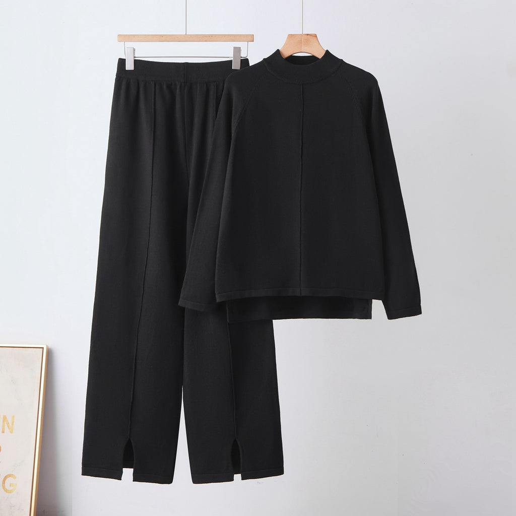 Round neck sweater loose wide leg pants set