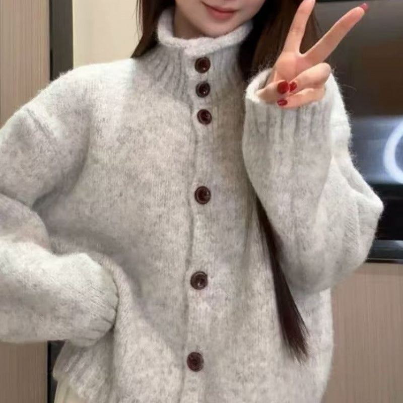 Lazy Elegant Knit Cardigan for Women, Loose Thick Single-Button High Neck Soft Knit Sweater