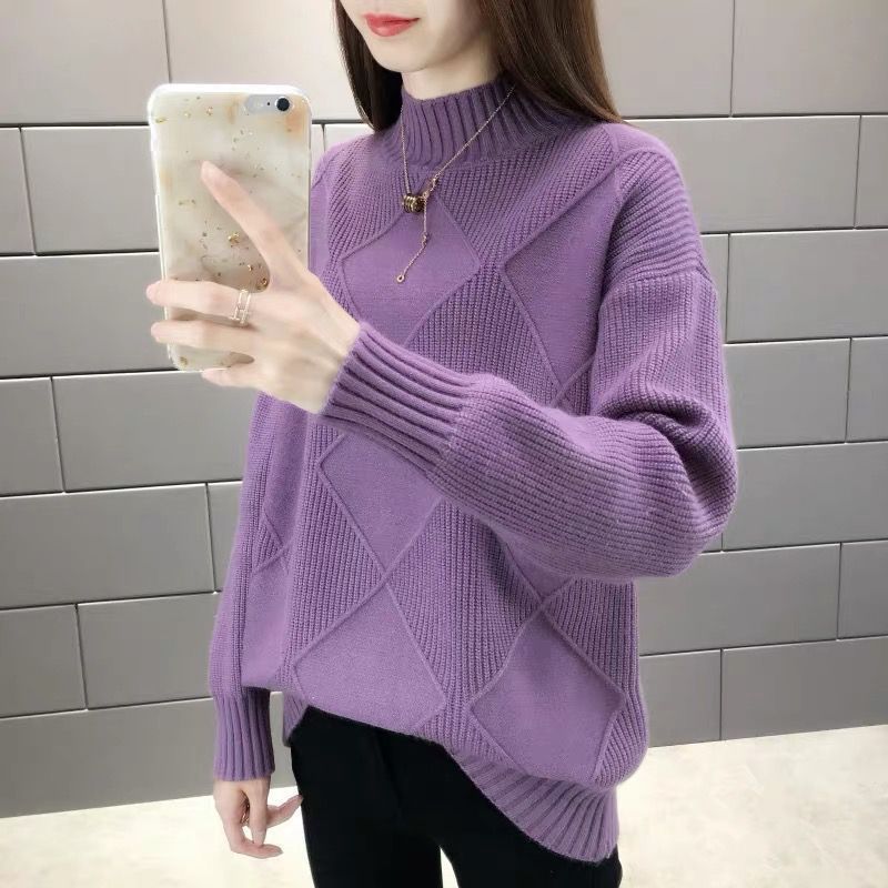 Half high neck loose and versatile knitted sweater for women