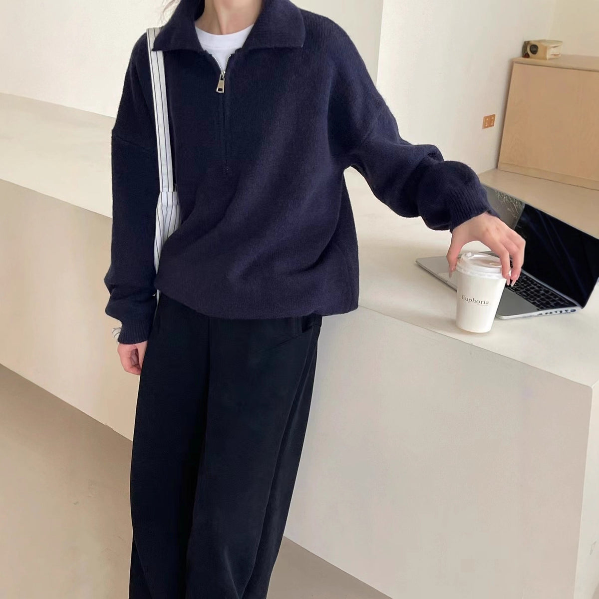 Retro polo collar half zip sweater for women