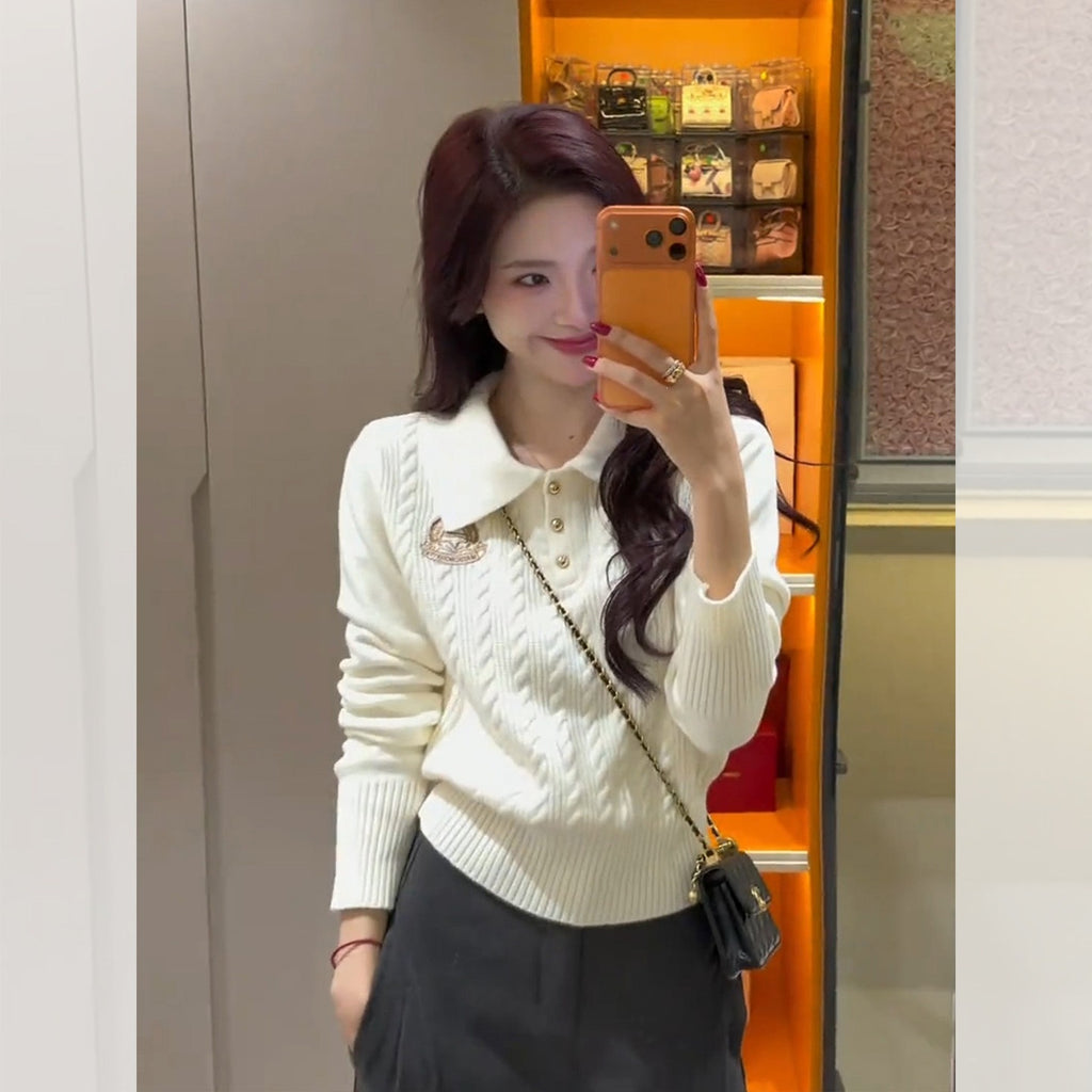 Polo lapel embroidery pullover Fried Dough Twists base sweater women