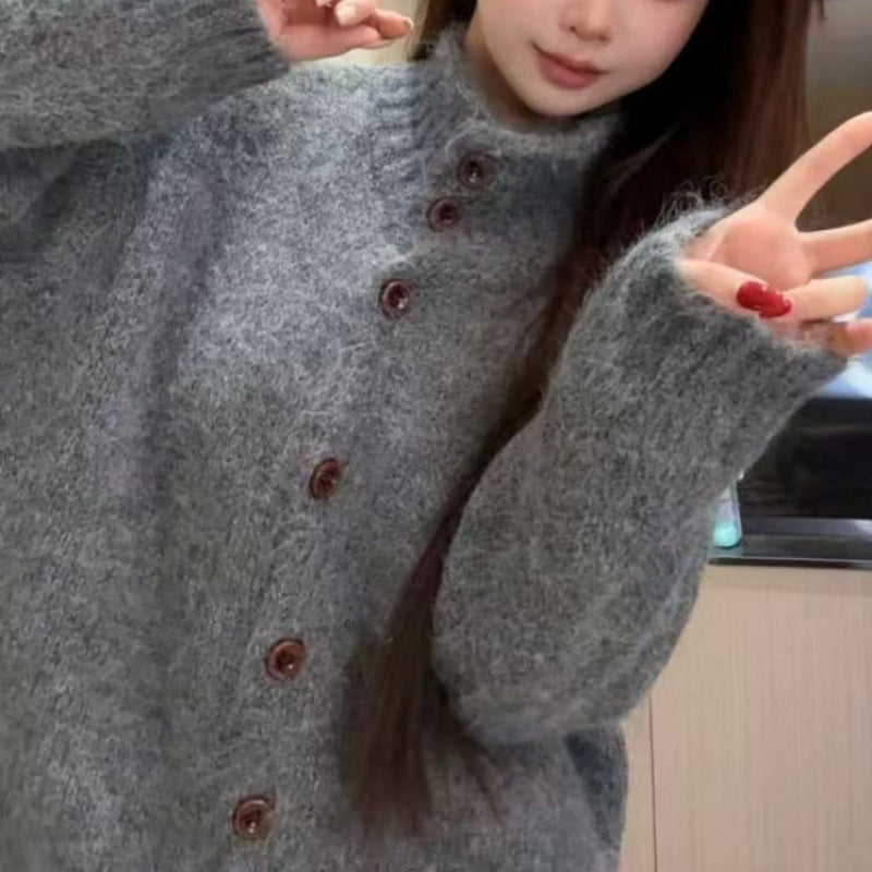 Lazy Elegant Knit Cardigan for Women, Loose Thick Single-Button High Neck Soft Knit Sweater