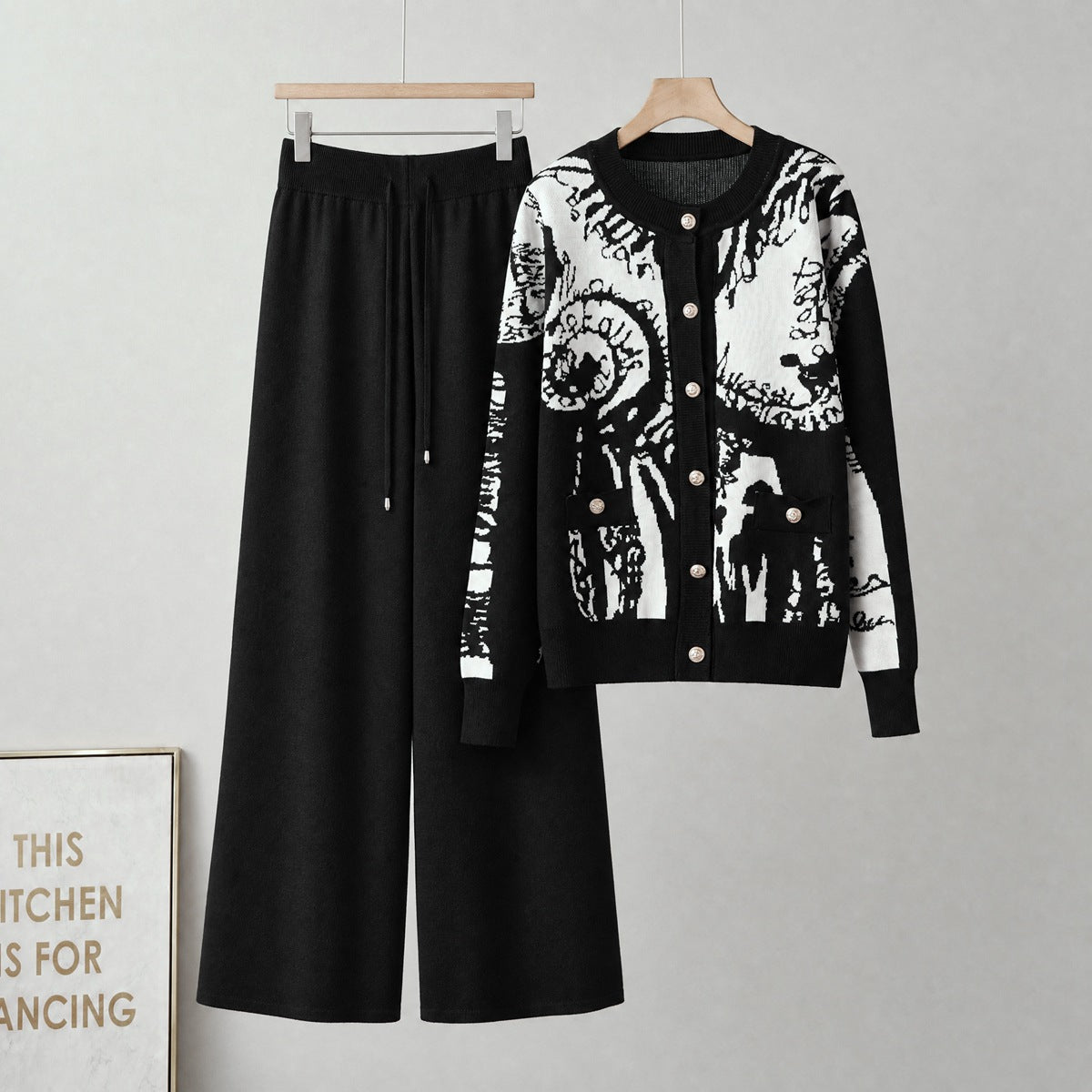 Cardigan single breasted sweater wide leg pants two-piece set