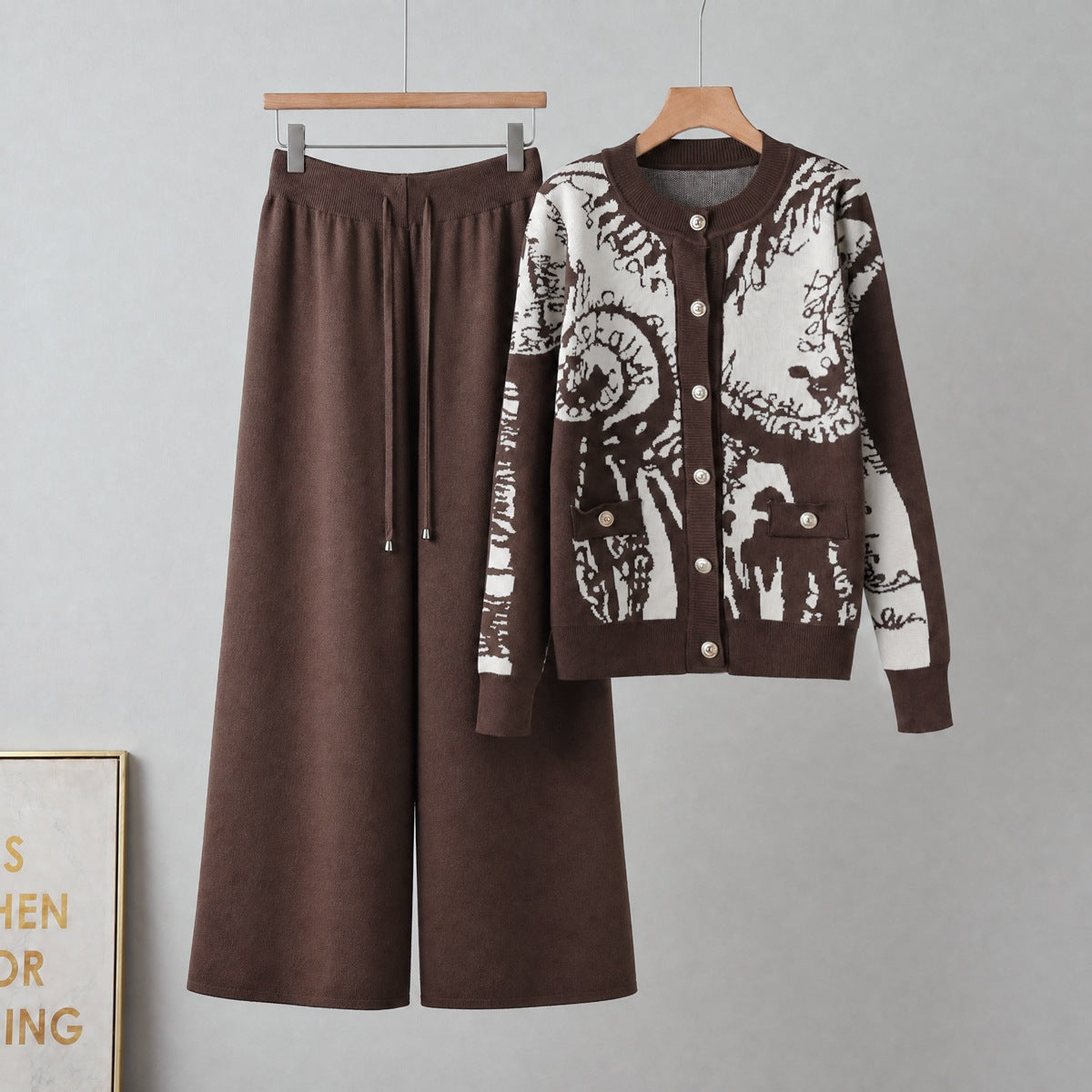 Cardigan single breasted sweater wide leg pants two-piece set