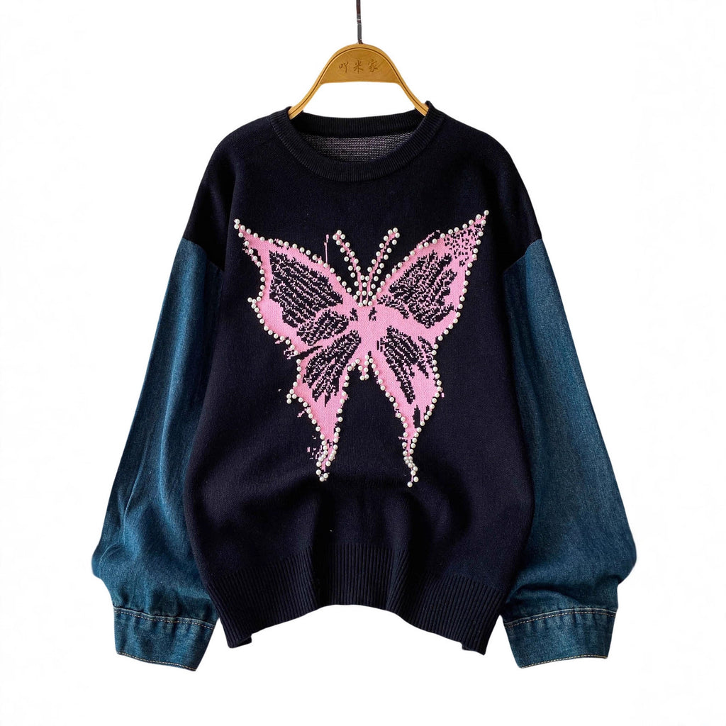 Nail bead butterfly contrasting sweater for women
