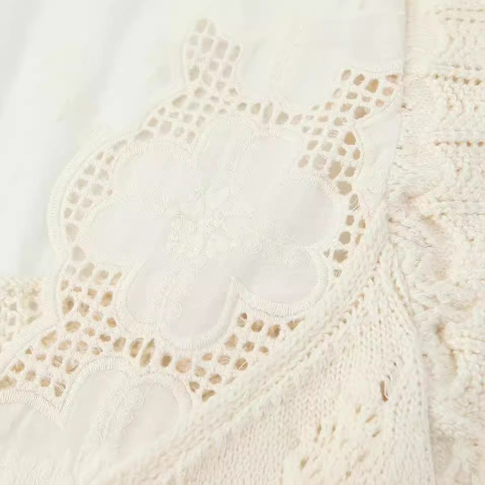 Temperament V-neck Flying Sleeves White Stacked Decorative Knitted Shirt for Women