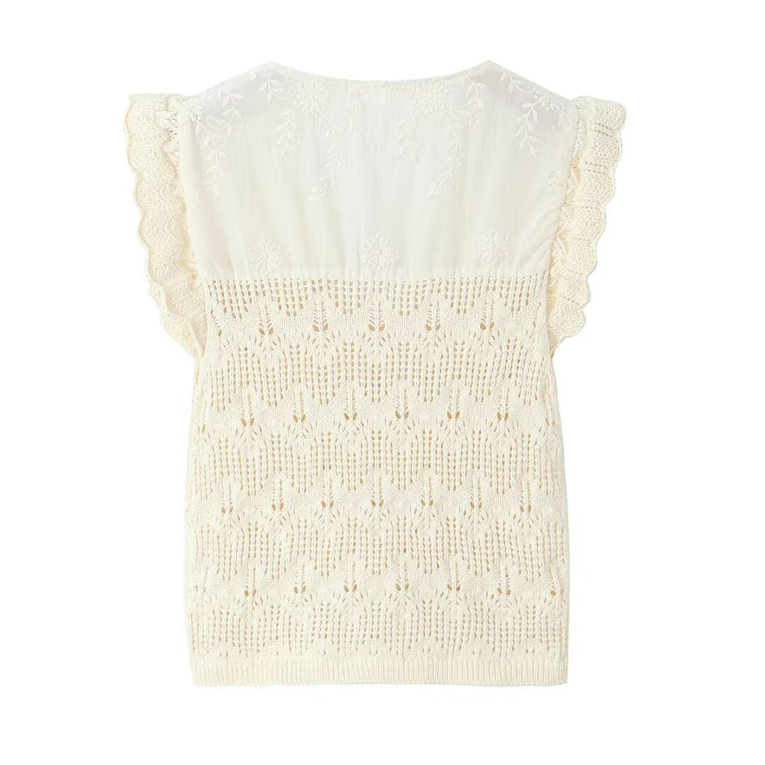 Temperament V-neck Flying Sleeves White Stacked Decorative Knitted Shirt for Women
