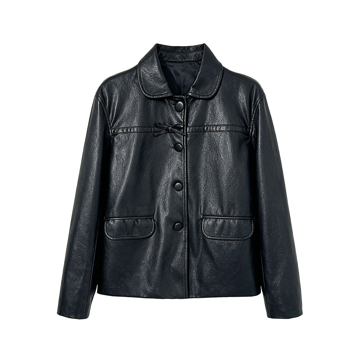 Women's Lapel Single-Breasted Leather Short Jacket Vintage Minimalist Commuter Leather Jacket
