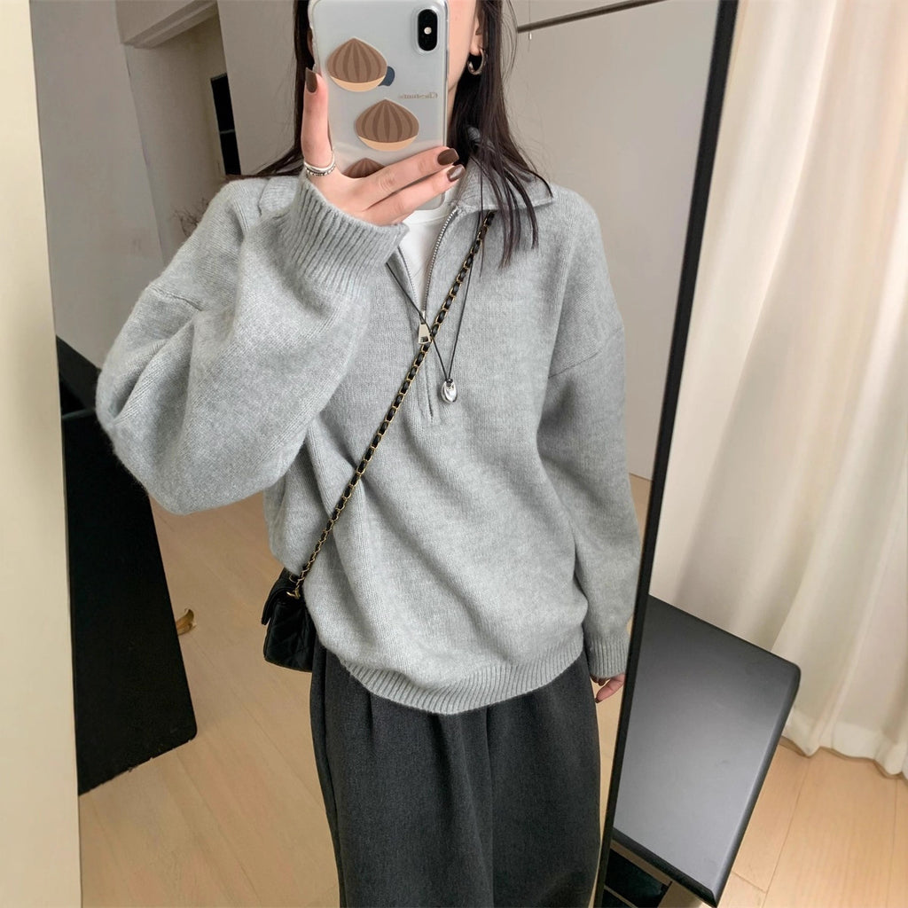 Retro polo collar half zip sweater for women