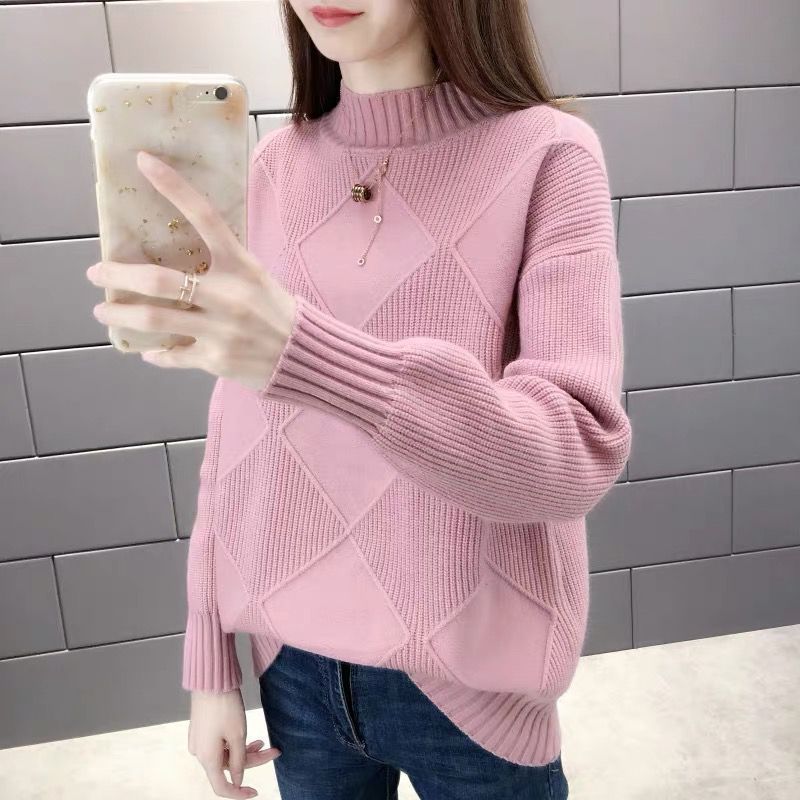 Half high neck loose and versatile knitted sweater for women