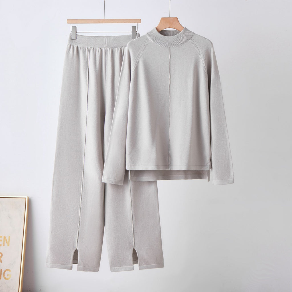 Round neck sweater loose wide leg pants set