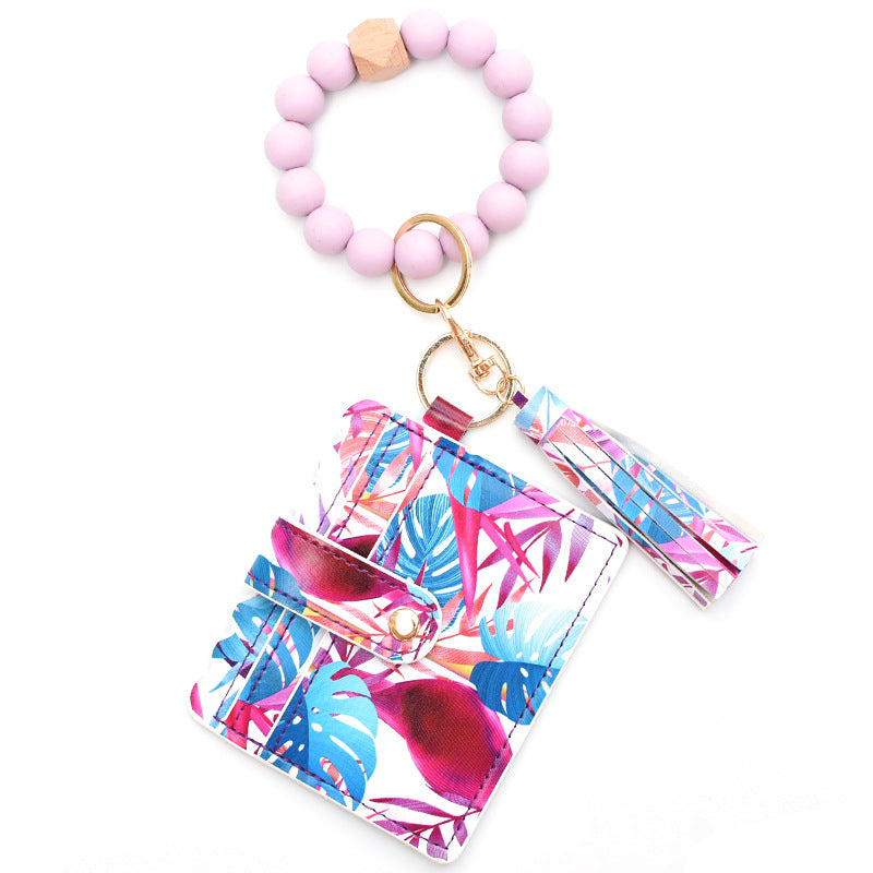 Colorful Silicone Bead Bracelet Card Holder PU Tassel Women's Wallet Keychain Silicone Beaded Bracelet