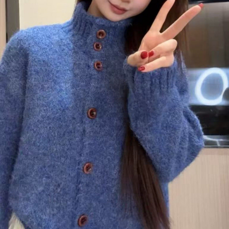 Lazy Elegant Knit Cardigan for Women, Loose Thick Single-Button High Neck Soft Knit Sweater