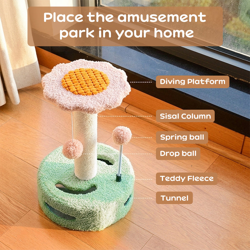 Sunflower Cat Tree – Small Cat Climbing Tower with Scratch Posts & Ball Toy